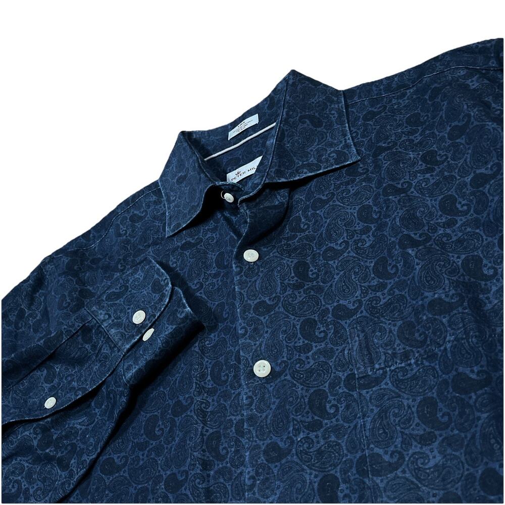 Peter Millar Linen Blend Button Shirt Long Sleeve Large Dark Blue Paisley